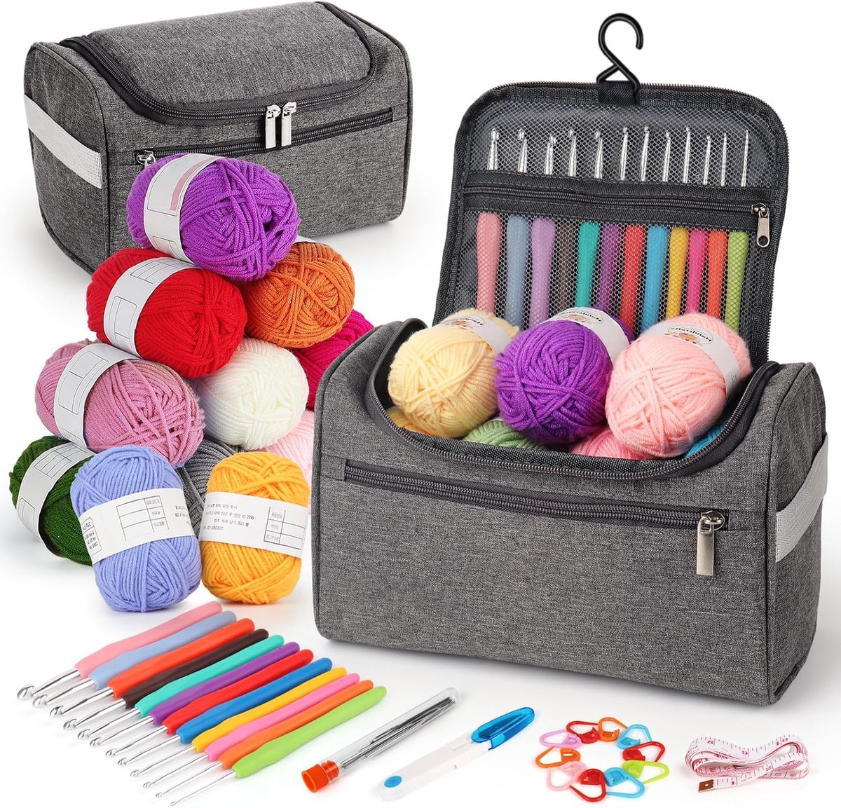 haakset voor beginners met haakgaren, handig startset voor beginners, 2,0-8,0 mm ergonomische zachte greep haaknaalden set, grijze haaktas, haakaccessoires