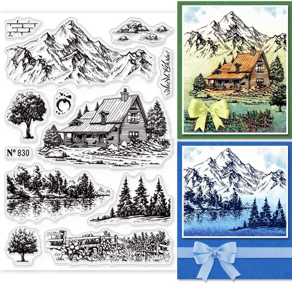 Landschap duidelijke stempels - boom brug rivier landschap, huis boom berg achtergrond stempels voor doe-het-zelf scrapbooking & decoratieve kaarten (6,3 x 4,3 in)