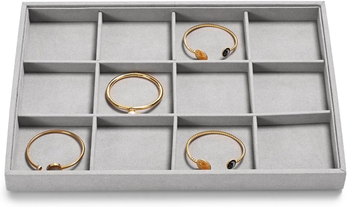 Grijs Microvezel Sieradentrays met 12 Vakjes voor Oorbellen, Armbanden, Display Organizer Tabletts