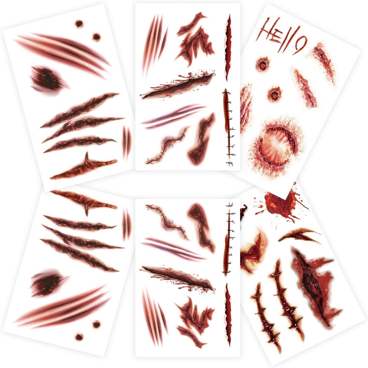 tattoo, gezicht (6 vellen), littekentatoeages, zombiewonden, Halloween, gezichtstattoo voor kinderen, dames en volwassenen, speciaal Fx-kostuum, make-up steunen (zeer groot)