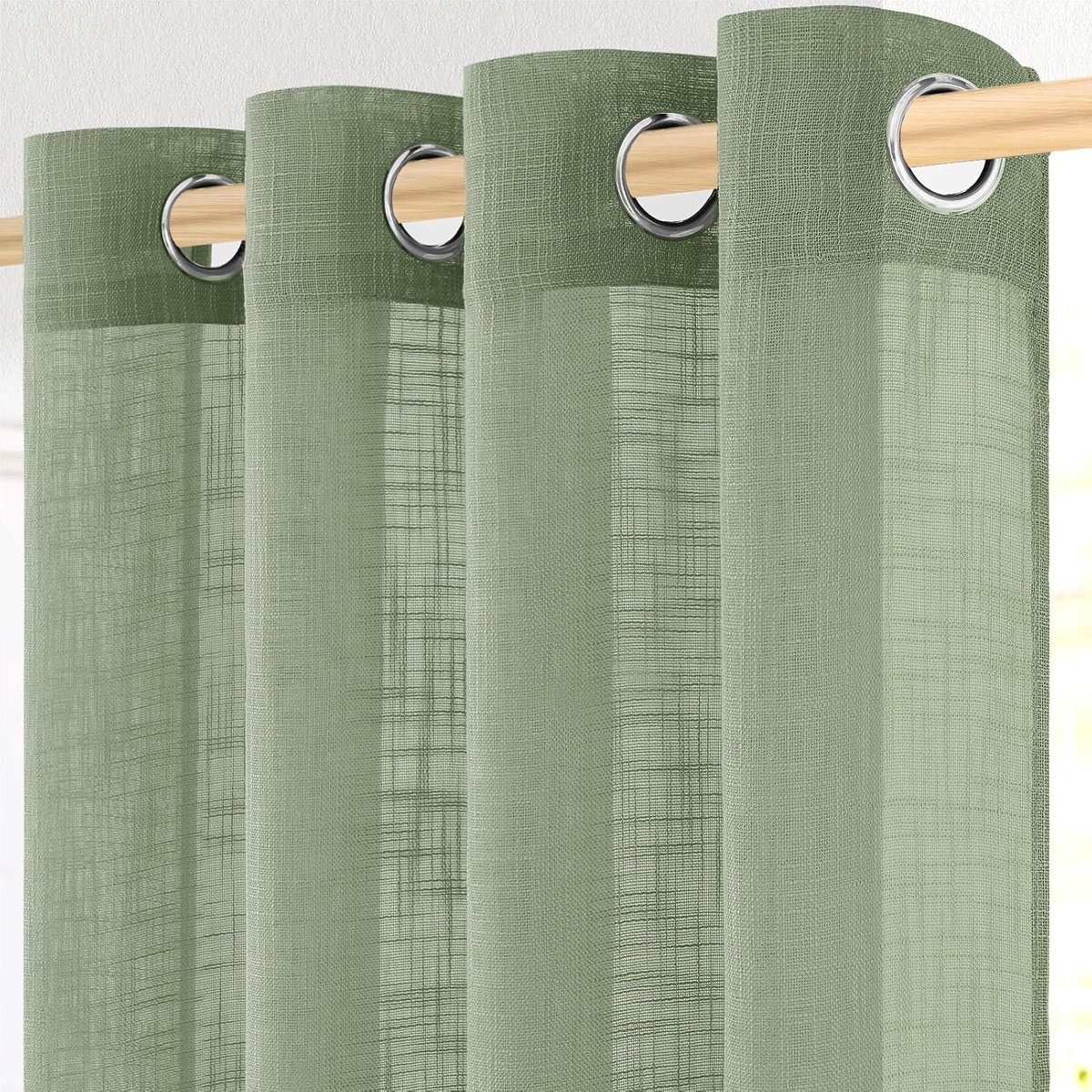 Gordijnen linnenlook set van 2 ooggordijn saliegroen 225x140 cm | Gordijn semi-transparant, landelijke stijl, voor slaapkamer, woonkamer, kinderkamer, babykamer, meisjes, koffiehuis