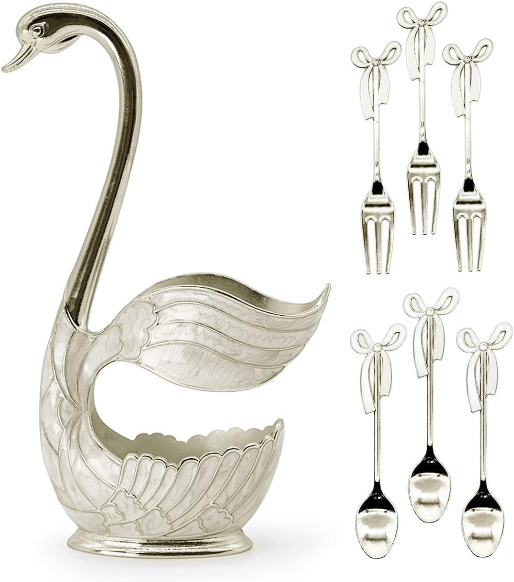 6 Stuks koffielepelbestek, dessertlepelset met decoratieve zwaanbodemhouder, roestvrijstalen theelepelset in vorm van een zwaan voor koffie/dessert/ijslepel/taart (zilverkleurig, 3 lepels, 3 vorken)