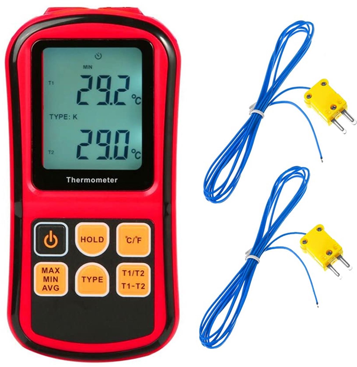 Digitale Thermometer, 2-kanaals K-Type Thermokoppel Sonde Sensor Temperatuurmeter Meter voor K/J/T/E/R/N/S Type, -200℃ aan 1372℃ (-600°F aan 300°F)