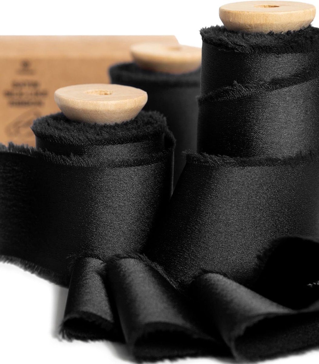 Zwart Stoffen Lint, 3,8 cm x 13,7 m met Houten Spoel, Handgemaakte Franje Linten voor Cadeauverpakking, Feestelijke Decoraties, DIY Handwerk, Bruidsboeketten Bruiloft