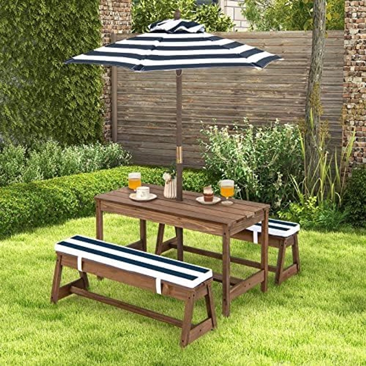 picknicktafel met banken, kussens en parasol, houten zitgroep, zitgroep, outdoor, tuinmeubelen voor tuin, achtertuin, terras (blauw)