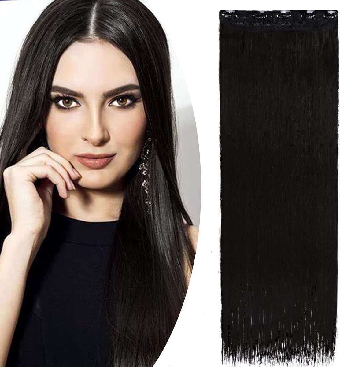 Clip-in extensions, haarstukje, 1 streng en 5 clips, haarverlenging, lijkt op echt haar, steil, 66 cm, 120 g, zwart-2