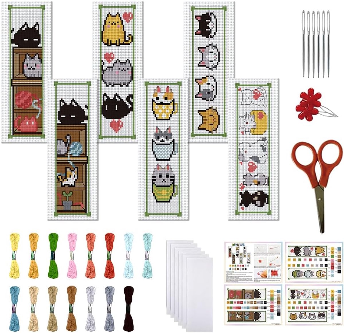 6 Sets Cartoon Kat Kruissteek Bladwijzer Kits voor Beginners 22 * 8cm Kruissteek Kit met Instructies Volledige Kit van Kruissteek Handgemaakte Bladwijzer