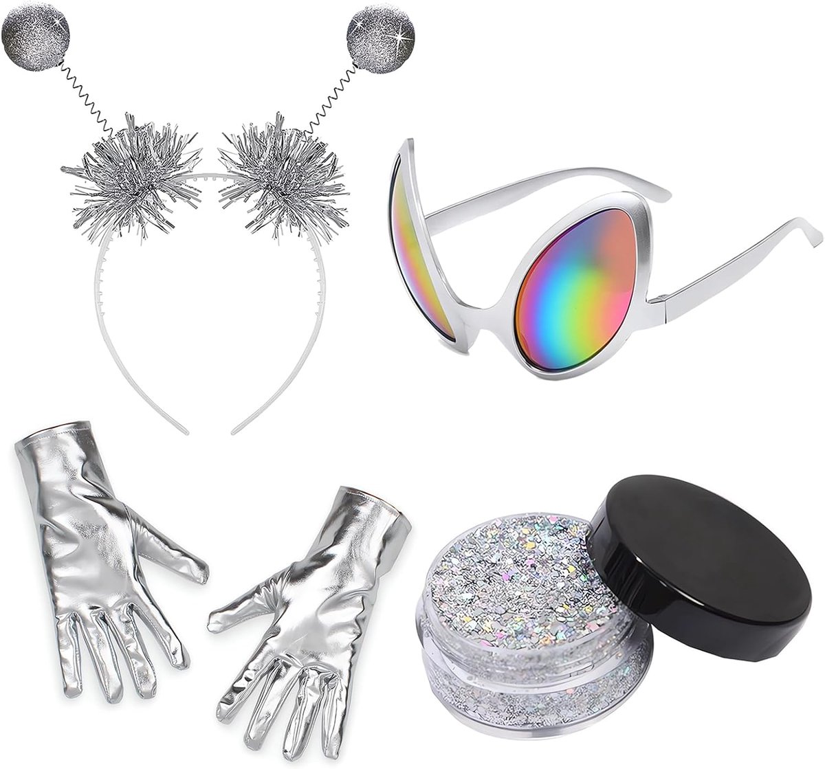 4 stuks Alien kostuum voor dames, Alien haarband met buitenaardse bril, Alien handschoen glitter accessoires, glitter Alien haarband carnaval Space Girl kostuum dames heelal kostuum voor carnaval