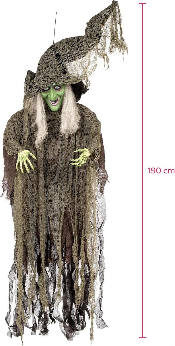 72002 - Decoratie heks 190 cm voor Halloween en themafeest, hangende decoratie | Hangend Halloween of griezelig themafeest, feestdecoraties