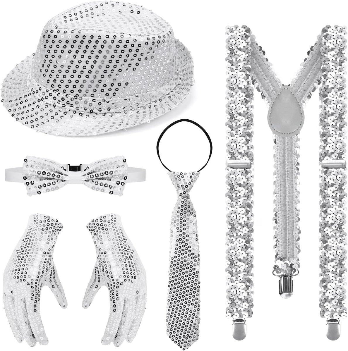 Disco outfit voor heren, glitterkostuum, accessoires, pailletten, vlinderdas, stropdassen, handschoenen, bretels, geschikt voor oudejaarsavond, carnaval, optredens (zilver)