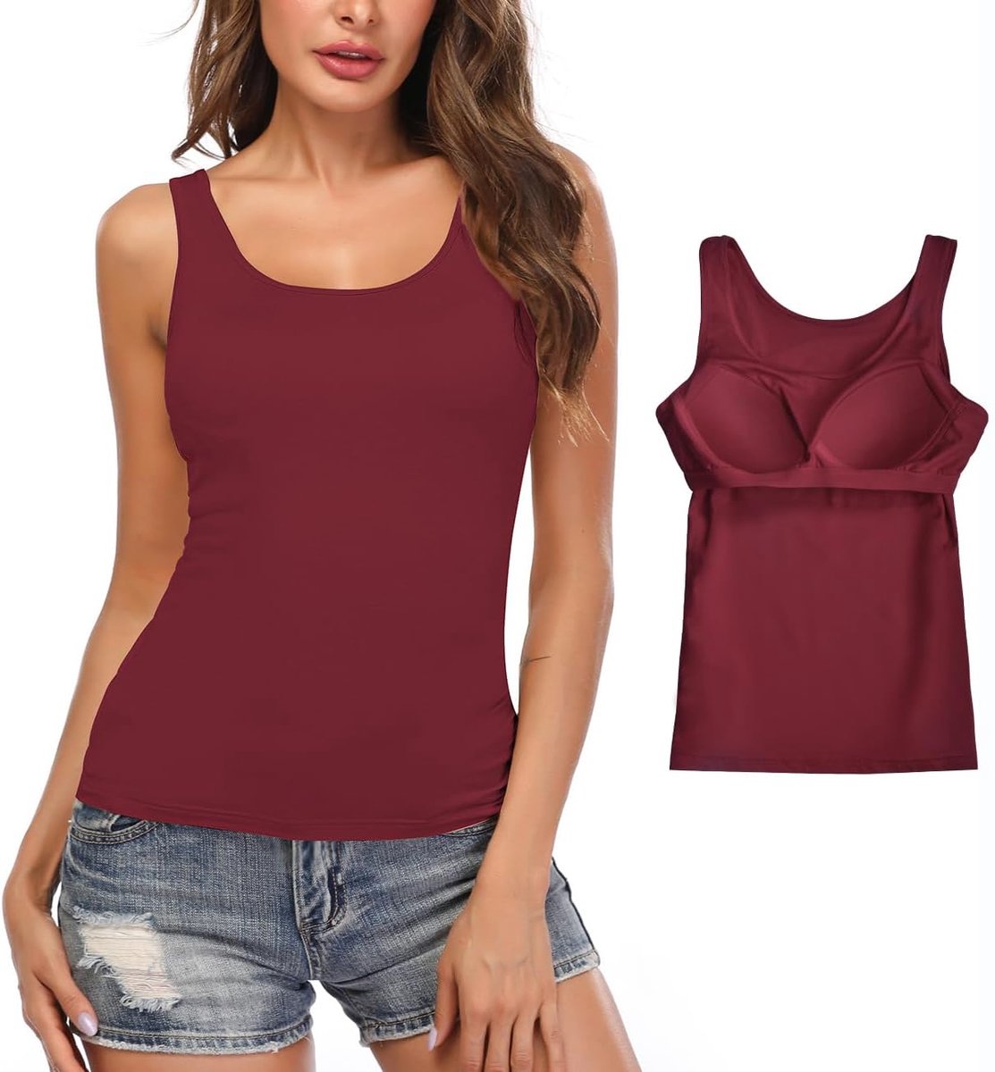 Basic onderhemd voor dames, U-hals, ingebouwde beha, gewatteerde tanktop, XS-2XL