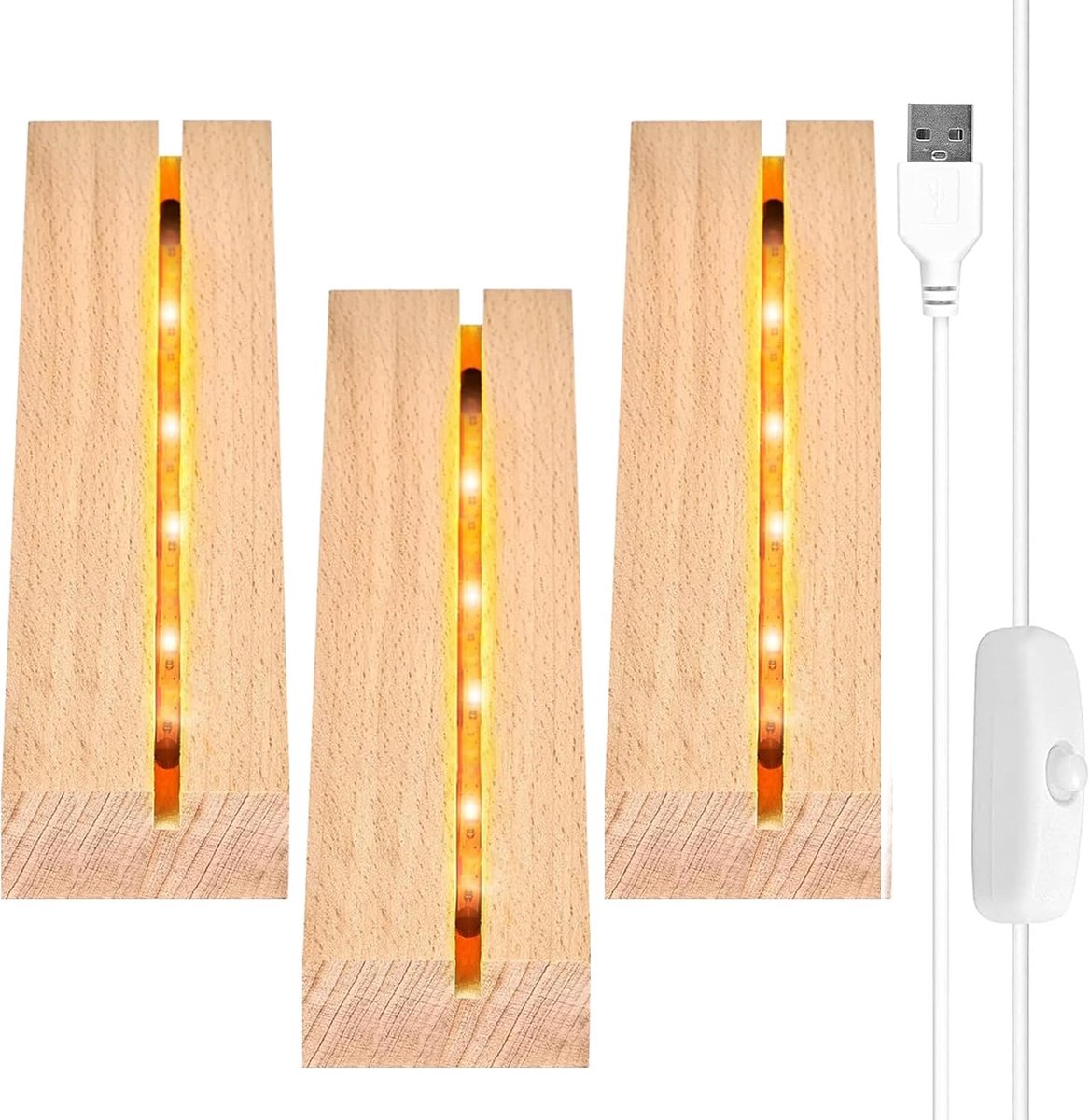 Led-sokkel, 3 stuks led-verlichting, display basis, sokkel, desktop led-lampvoet, display-basis met USB-schakelaar, rechthoekige ledverlichting, displaystandaard voor acrylglas