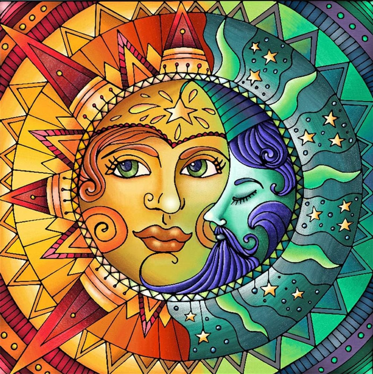Kruissteek borduurset zon en maan sterren fractal gezicht hippie gestempeld met bedrukt patroon (zon)