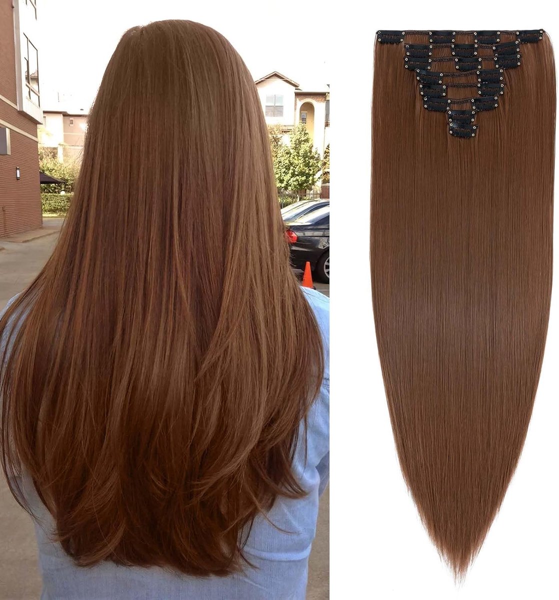 Clip In Extensions Haarverlängerung SET 8Pcs 18 Clips Voller Kopf Wie Echthaar Glad - Synthetisch Haarstuk Voor Dames 23"(58cm) Licht Auburn