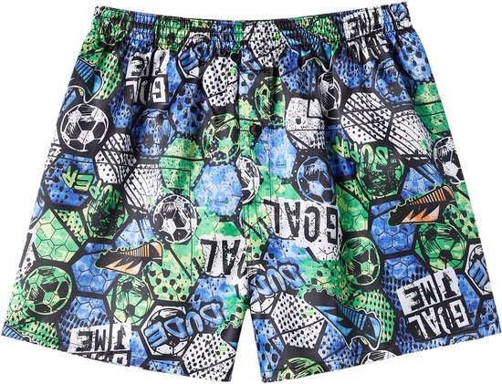Satijnen boxershort met een kleurrijk voetbalmotief, zeshoekige patronen, "Goal"-tekst en gestileerde voetbalschoenen.