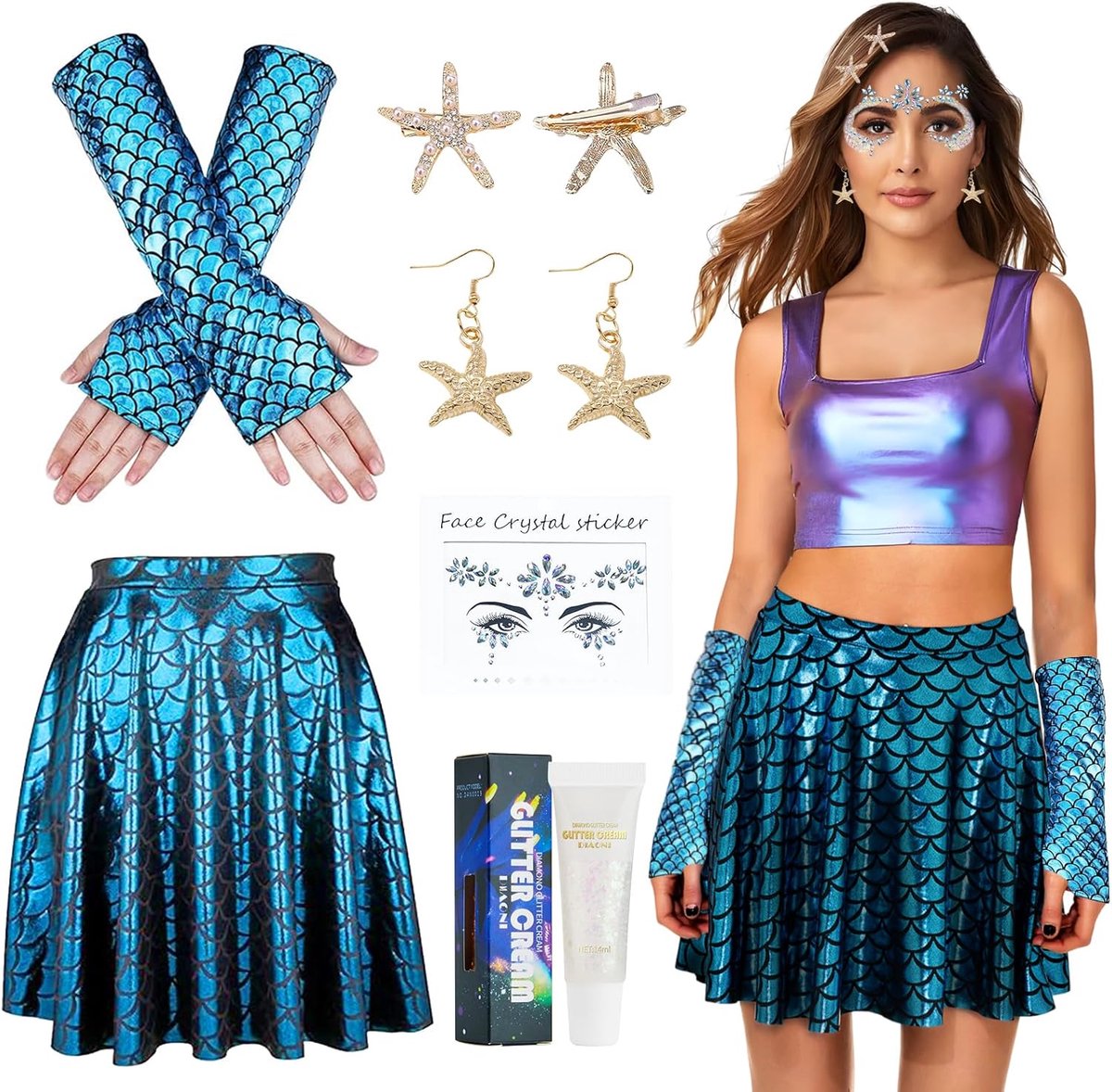 Zeemeerminkostuum voor dames, zeemeermin kostuum, visschubben, rok + handschoenen, zeemeermin + 2 stuks zeesterhaarspeld, een paar oorbellen + edelstenen, gezichtstattoo voor carnaval