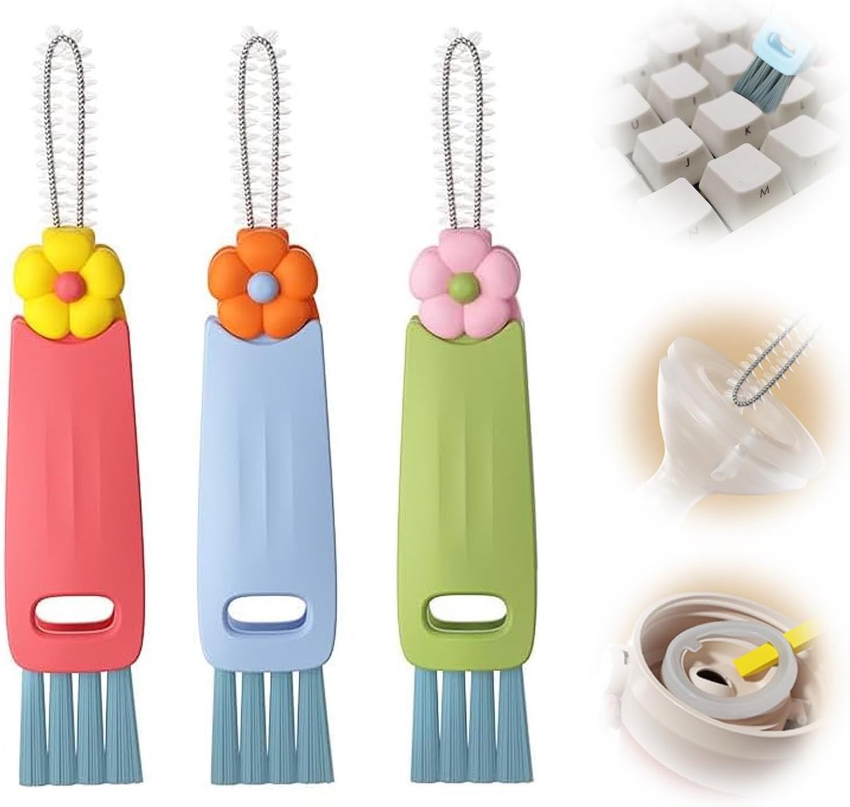 3 stuks reinigingsborstel voor bekerdeksel, 3-in-1 cup, reinigingsborstel, multifunctionele reinigingsborstel om te drukken, waterflesborstels voor reiniging, draagbare bekerdekselreiniger met borstel