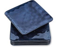 vicrays Keramische vierkante dinerborden - 25,4 cm grote porseleinen serveerborden voor steak pasta pizza - geribbelde krasbestendige magnetron en vaatwasmachinebestendig - Set van 6 blauw