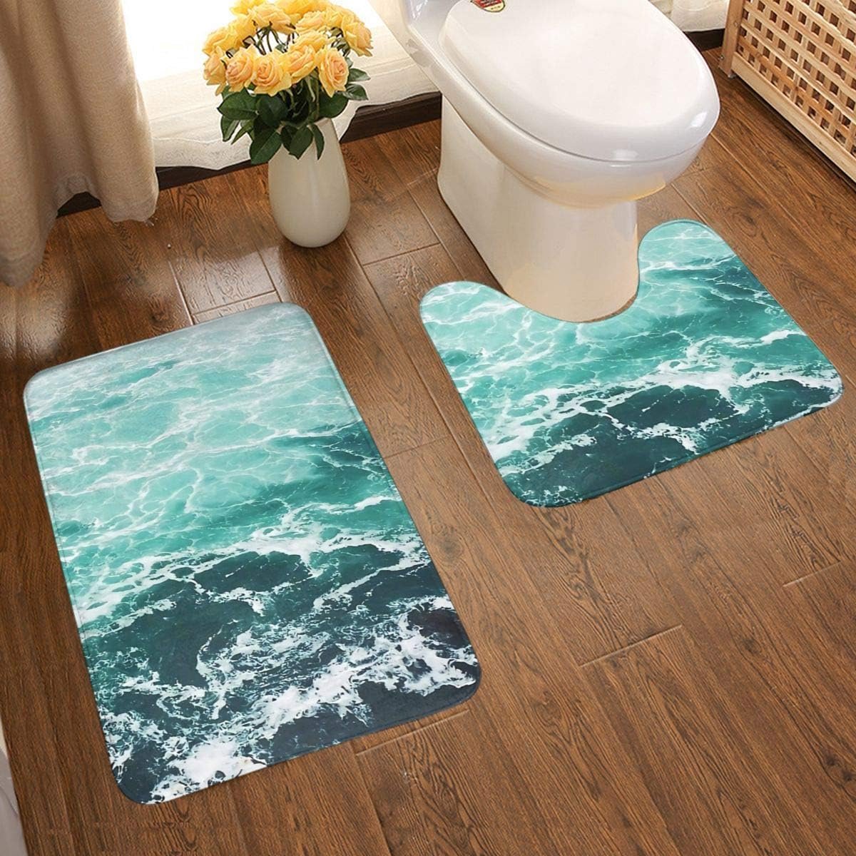 Ocean Summer Beach golven 2-delige zachte anti-slip badmat set, textuur fotografie inclusief 80x50cm hoge Absorbency wc-bril en 50x40cm microvezel zachte zachte zachte badkamer tapijt, anti-slip mat wasbaar.