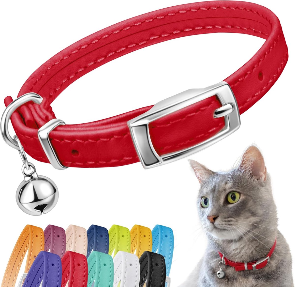 Lederen kattenhalsband, veiligheidskraag voor katten met elastische band, kattenhalsband voor kat met bel, zwart, blauw, rood, oranje, limoengroen (nekmaat 9"-11", rood)