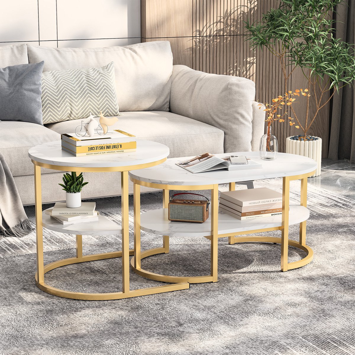 Ronde salontafel set van 2, marmerlook koffietafel met gouden metalen frame, hoge lage bijzettafel met MDF blad, moderne woonkamer tafel met opbergruimte