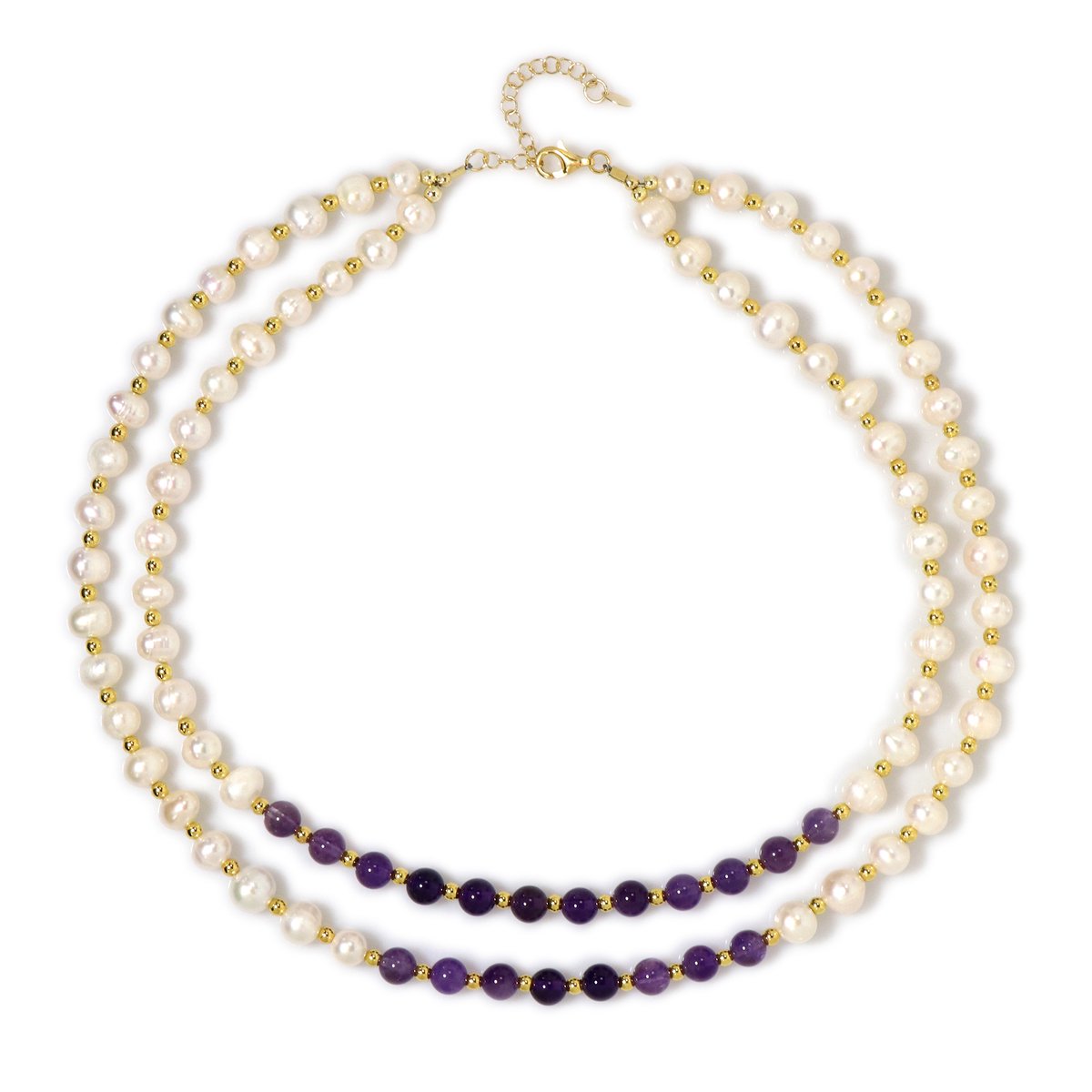 Cavill - 925 Sterling Zilver Halsketting - Goud Verguld - 34.2 ct Zambia Amethist & Witte Zoetwaterparels - Elegante Damesketting