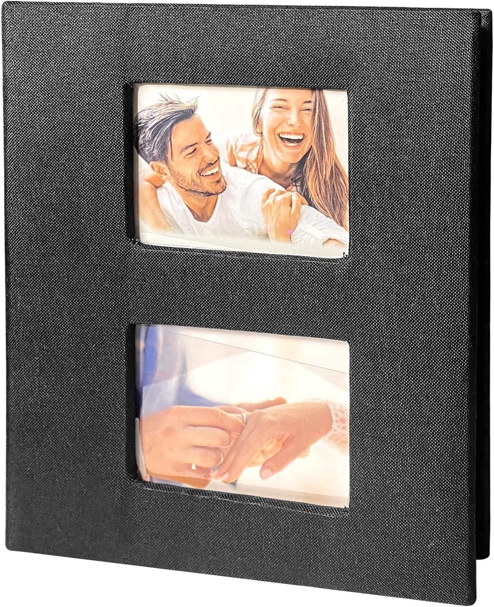 SnelShoppen - Fotoalbum 6 inch, 10 x 15 cm, 200 Foto's, Horizontale Versie, 50 Bladen, Linnen Album met Venster, Zwart voor Familie, Huwelijk, Herinne