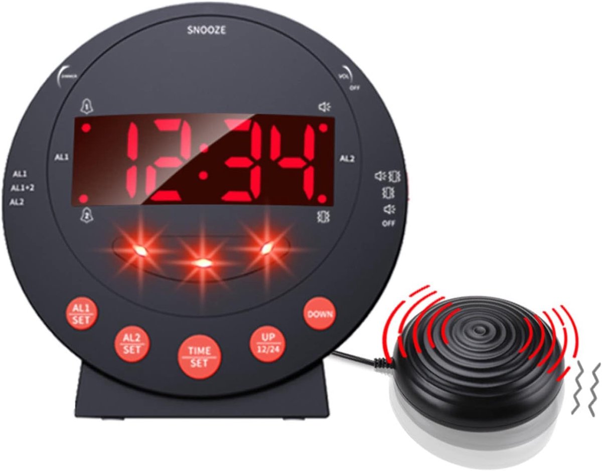Shaker Clock Sonic Bomb-Wekker met Bed Shaker Senioren Vibrerende Klok Slaperig Doof Trilt Digitale Decibel Rood 113 Decibel Shaker Shaker Shaker Luide Wekker voor