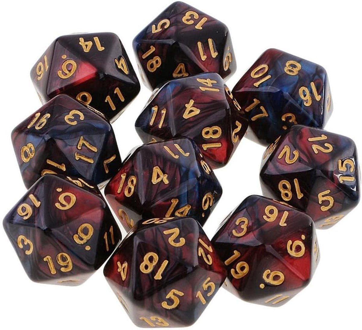 DND-spel D20-dobbelstenenset, 10 stuks polyhedrale dobbelstenen D20 dobbelstenen 20 mm acryl 20-zijdige dobbelstenen voor RPG MTG DND-dobbelstenen tafelspellen (Rood+Zwart)