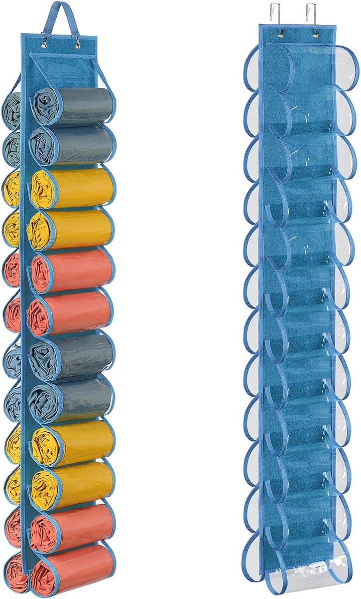 Opknoping Yoga Legging Opslag Organisator met 24 Zakken, Opvouwbare Oxford Doek Opknoping Kast Organizer Shirts Jeans Opberghanger Sokken Houder voor Familie Kast Slaapkamer, Blauw