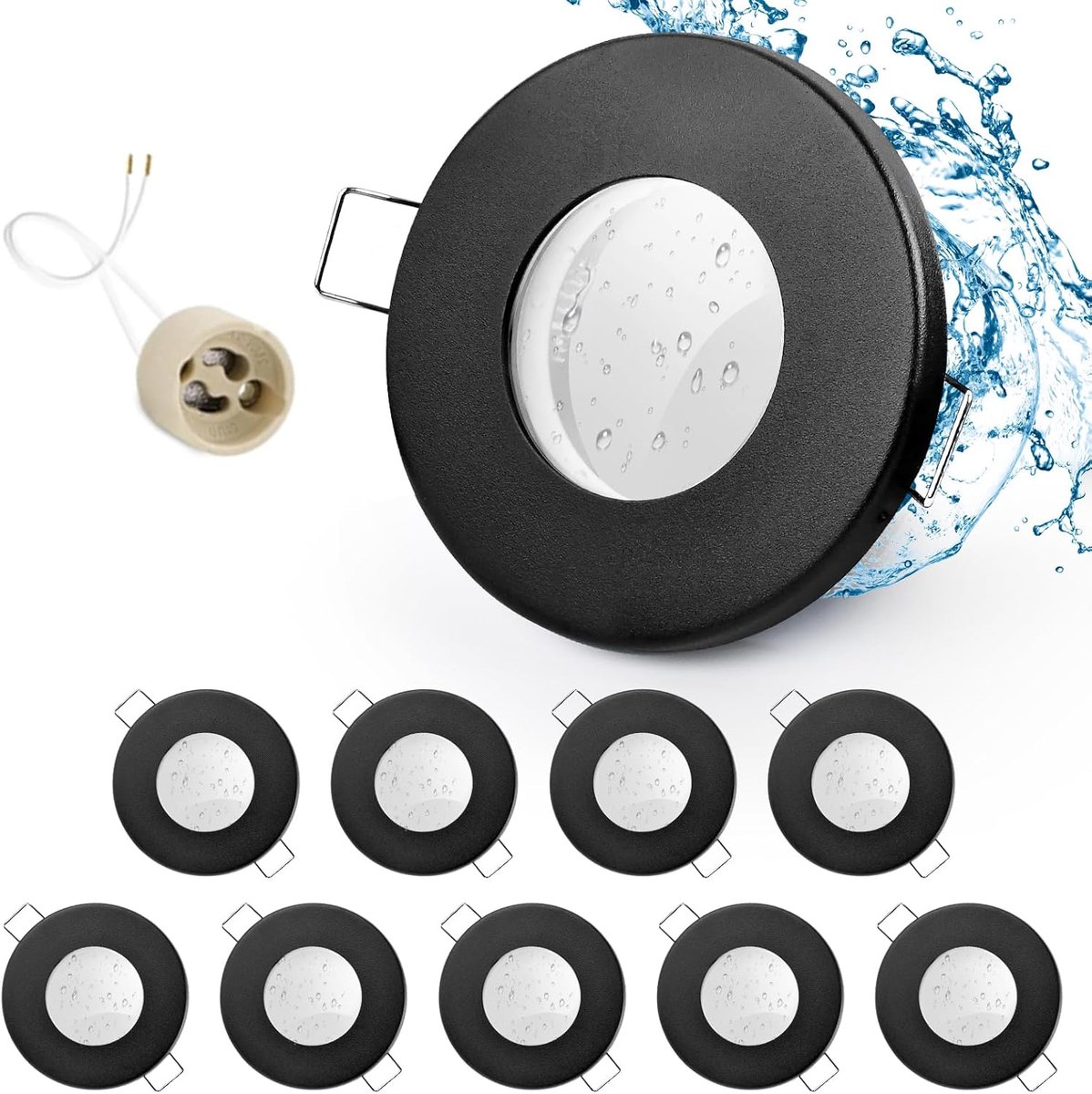 10 x Led-inbouwspot IP65 inclusief GU10 houder, draaibaar LED-spot, ijzer, mat zwart, badkamer inbouwrames, rond vlak, inbouwspots, gatmaat 68 mm voor buiten - binnengebieden.