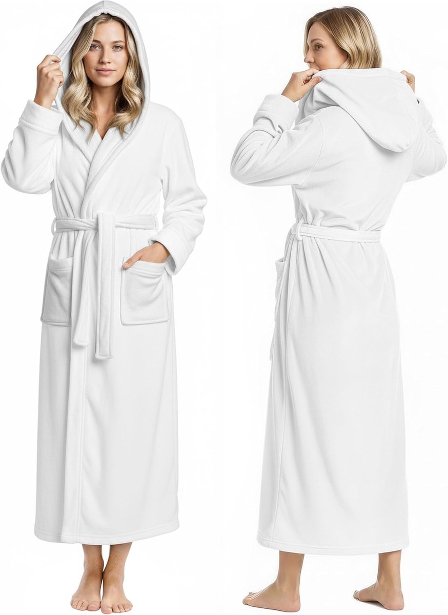 Threads Damesbadjas van fleece met capuchon, lang, pluche, wit, M