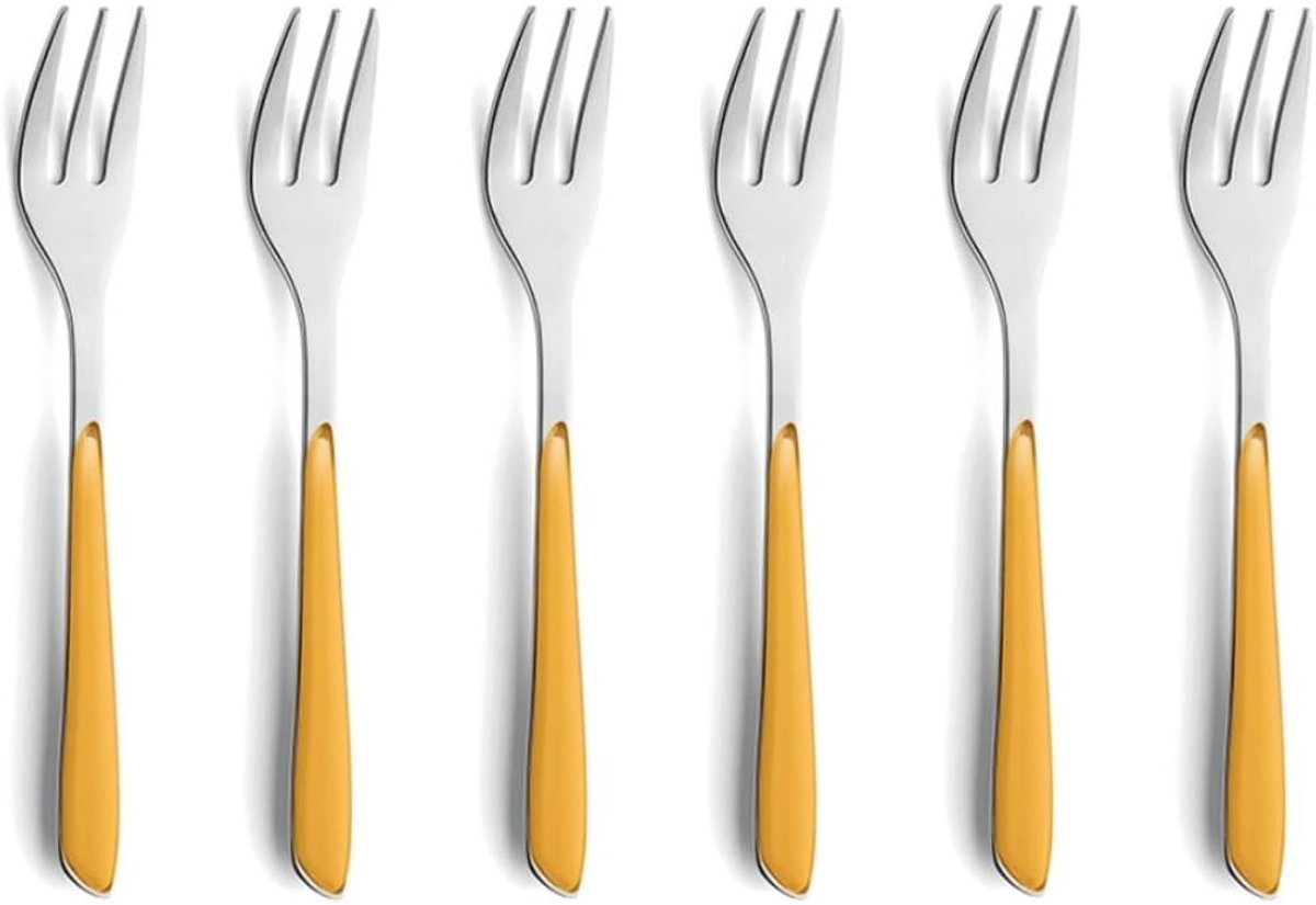 PRISMA Taartvork-bestekset van 18/0 roestvrij staal, 6-delig, voor 6 personen, hoogwaardige kunststof handgrepen in mosterdgeel, roestvrij en vaatwasmachinebestendig