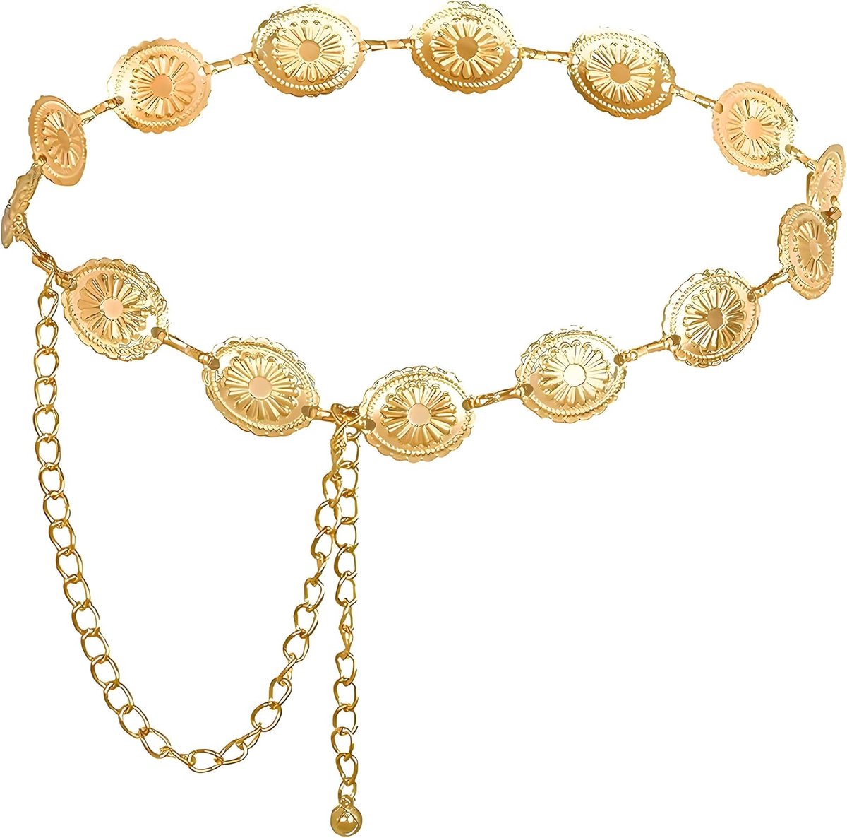 riem, metalen tailleriem voor dames, kettingriem, gouden dames, met uitgehold madeliefje, verstelbare gespen, riem goud, geschikt voor jurken, jeans, truien, stijlvol, goud, 60-119 cm