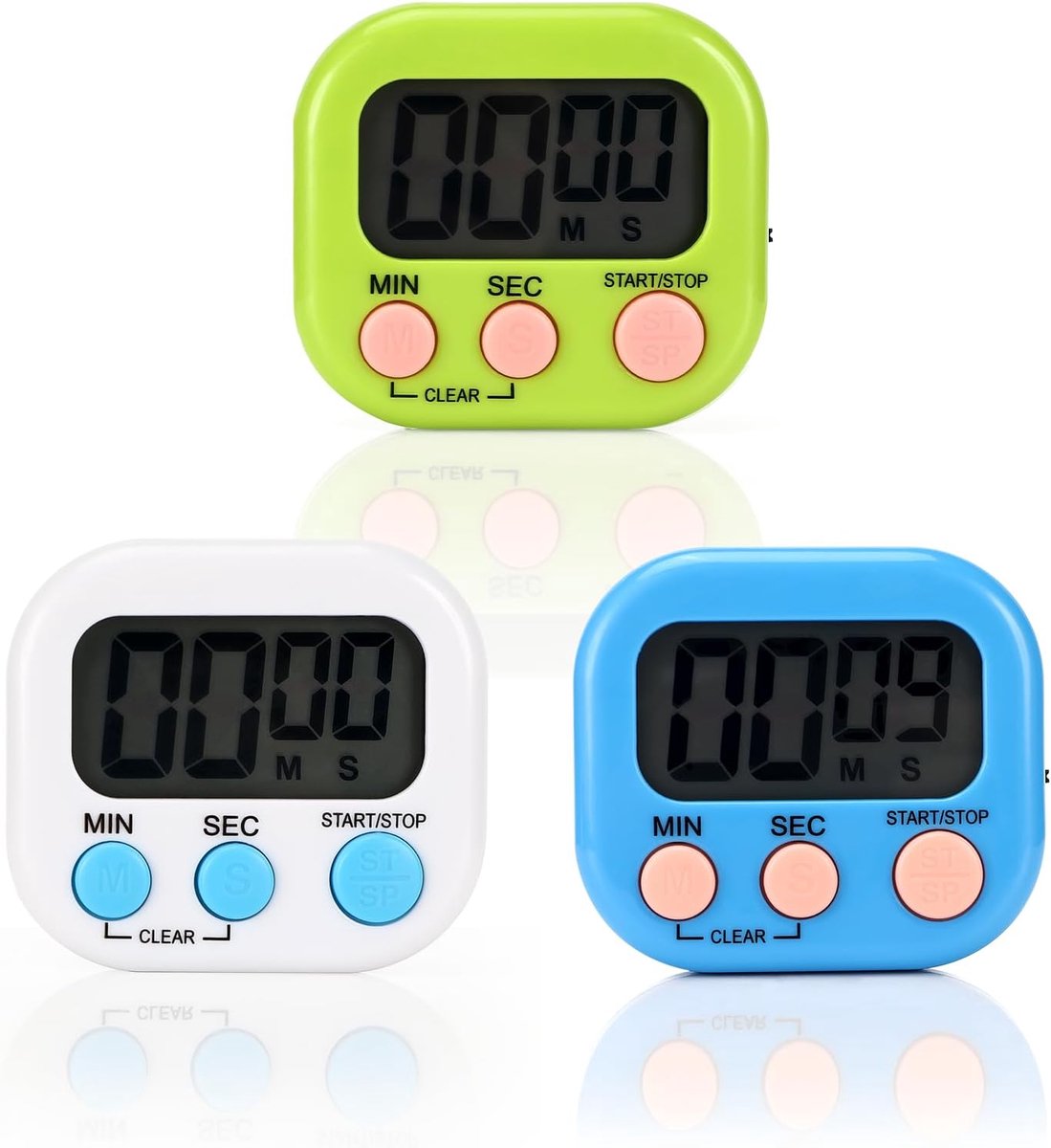 3 stuks digitale eierwekker, korte tijdwekker, timer digitaal (wit, groen, blauw) | Met inklapbare standaard en display, digitale timer voor keuken, school, sport, keukentimer, digitale stopwatch voor kinderen