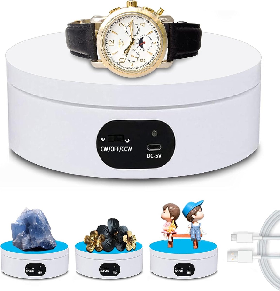 360 ° draaibare draaitafel voor elektrische fotografie, geschikt voor sieraden, horloges, video-opname, digitaal, 12 cm witte USB-ambachtelijke productweergave