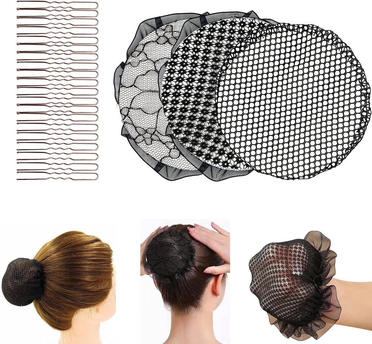 Elastische Rand Mesh Haarnetten voor Broodje Herbruikbaar met 20 Stks Gouden Haarspeld Onzichtbare Broodje Net voor Vrouwen 3 Stks