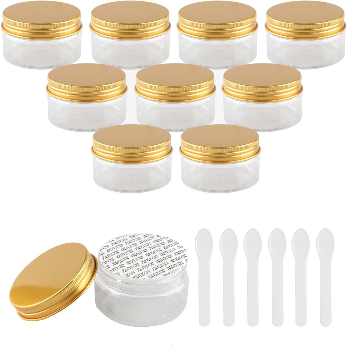 12 stuks lege 100 g transparante plastic cosmetische potten met gouden schroefdeksel kleine pot voor cosmetische reizen zelfgemaakte crème gel lippenbalsem zalf opslagcontainers + 12x spatel