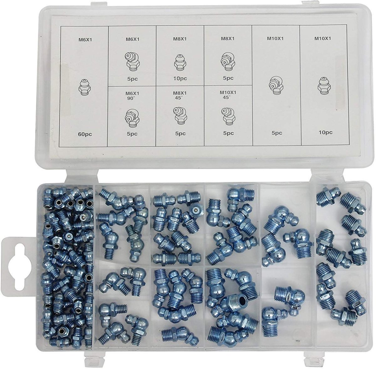 Smeernippel assortiment 110-delig kegelsmeernippel smeernippel kegelnippel hydraulische vetnippel assortiment voor smeerpersen 180° recht gebogen, 45° 90° M6 M8 M10
