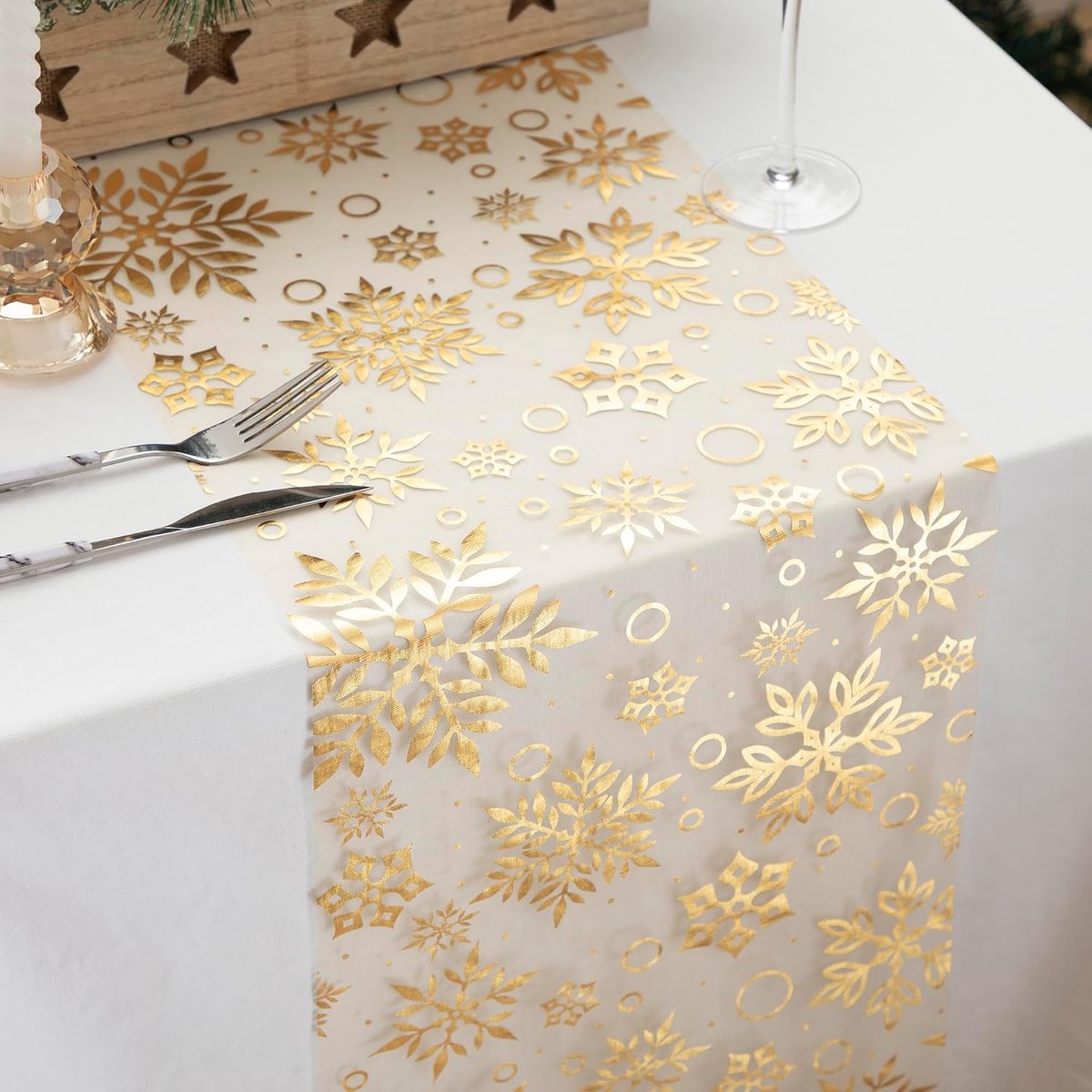 Tafelloper Kerstmis goud sneeuwvlok patroon 28 cm x 10 m, elegante organza tafelloper, decoratie voor feest, verjaardag, Kerstmis, doe-het-zelf, verpakking