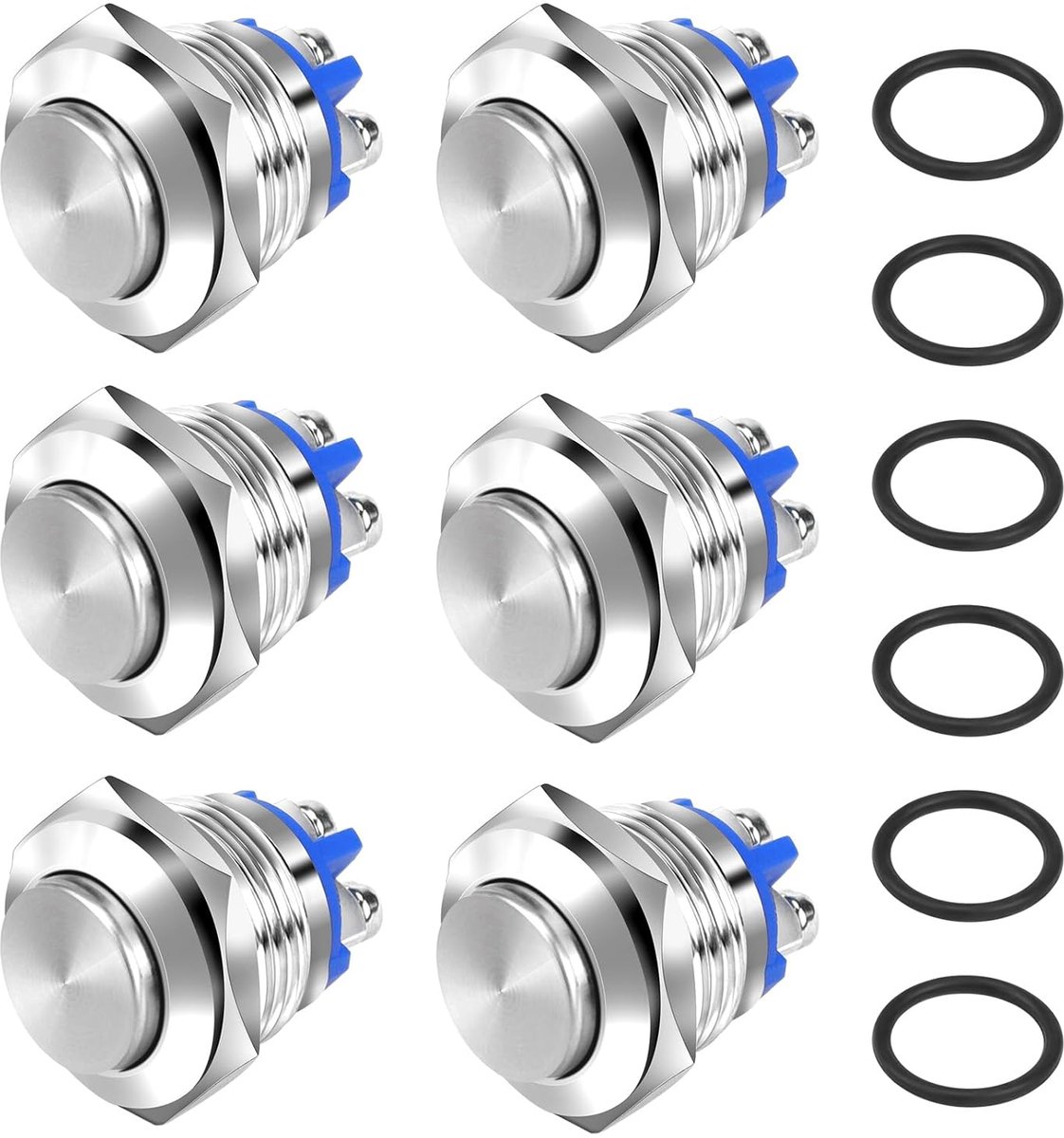 6 stuks waterdichte momentknoppen, 16 mm drukschakelaar van metaal 12 V 24 V, drukknoppen van koper zilver met 2 schroefklemmen (hoge kop)