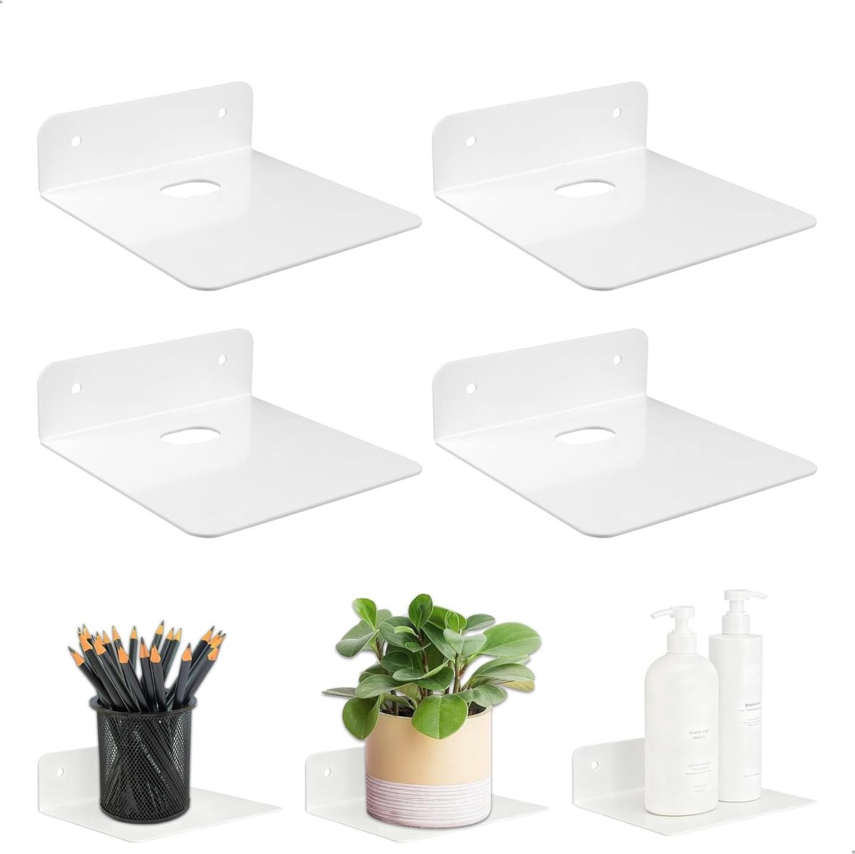 Set van 4 wandplanken, wit, floating planken, metaal, 12,5 cm, rekken voor muren, mini-wandplanken, wit, zonder boren, voor woonkamer, slaapkamer, smart luidspreker, klok