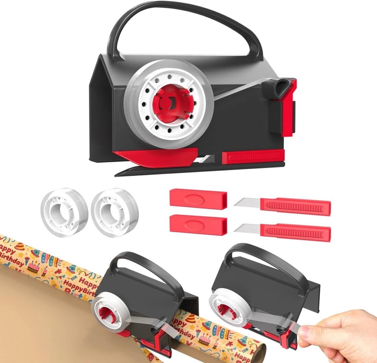 cadeaupapier snijder voor rollen, 1 stuk cadeaupapier snijder met 2 verwisselbare messen, 2 stuks plakband, draagbare papiersnijder, voor cadeaupapier, Kerstmis enz
