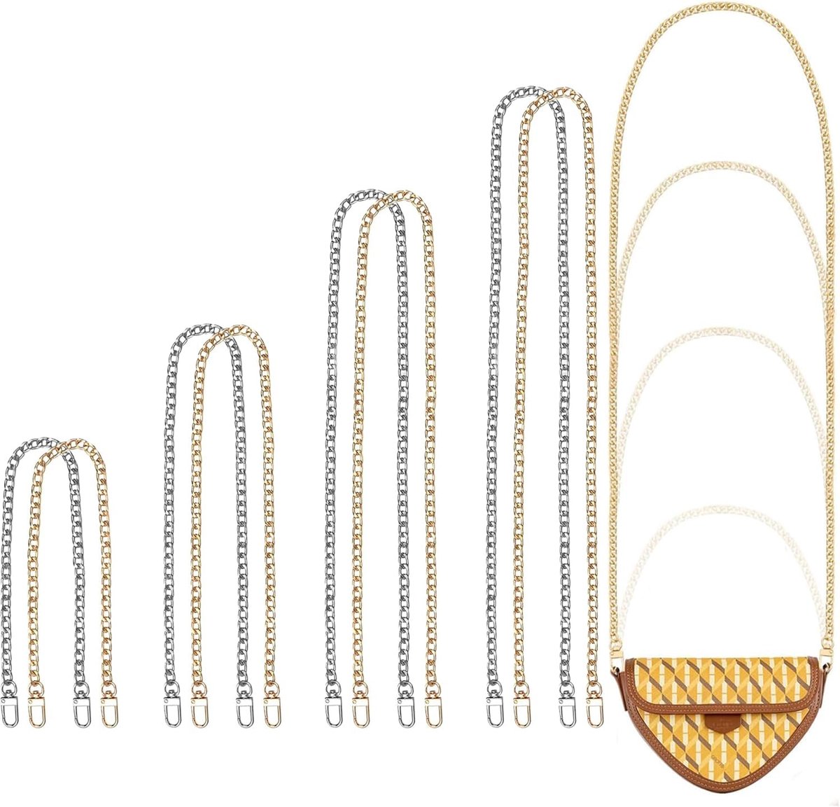 8 stuks handtaskettingen, 40/60/80/120 cm, handgrepen voor tassen, zilver, goud, tassenriem met gespen, voor doe-het-zelf kettingriemen voor portemonnees en schoudertassen