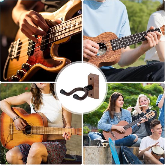 2 stuks hardhouten gitaarwandhouder, hangers: walnoothout, gitaarhouder voor aan de muur met siliconenslang en hardhouten basis, ukelele wandhouder voor akoestische gitaar, elektrische gitaren — afbeelding 5