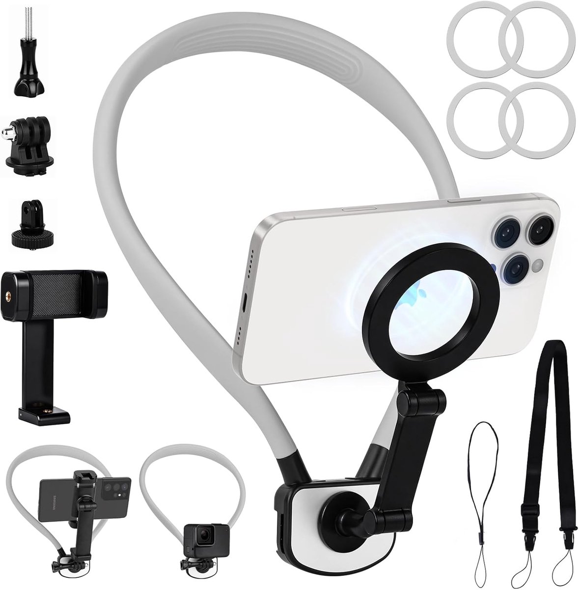 Magnetische Nekbevestiging voor Telefoons en Actiecamera, Nek Mobiele Telefoonhouder POV/Vlog Gratis Telefoon Nekhouder Borststandaard Riem Video-opname voor iPhone 16 15 14 13 12 Android