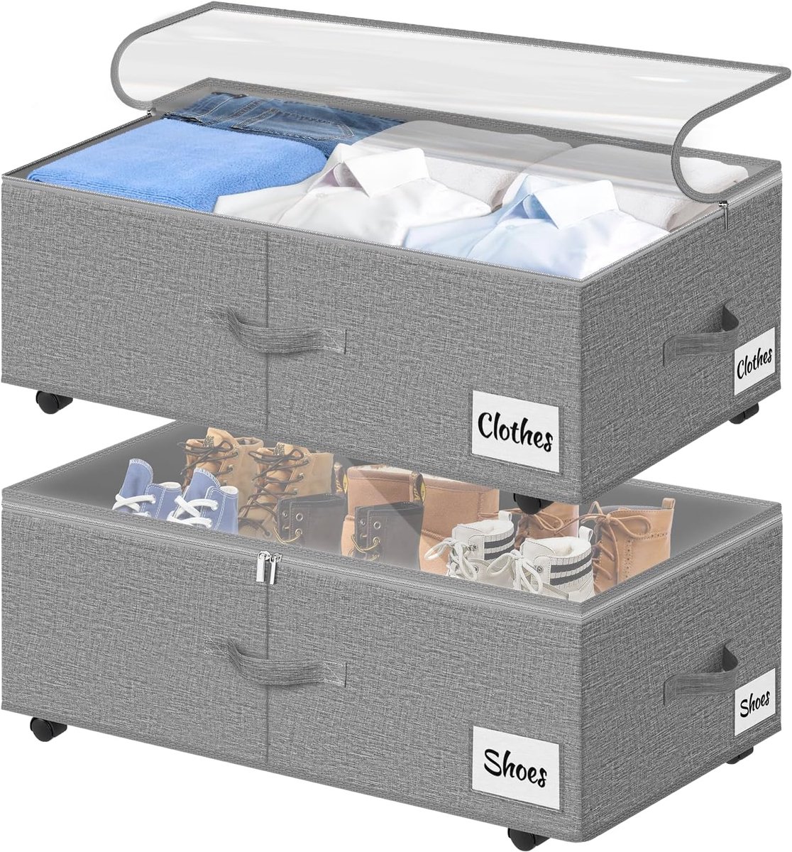 Onderbedcommode met wieltjes, 360° rotatie, 2 stuks XXL 60 l onderbed, opbergdoos met transparant deksel, snelle montage, bedlade, opslag voor dekbedden, kleding, schoenen en dekens, grijs