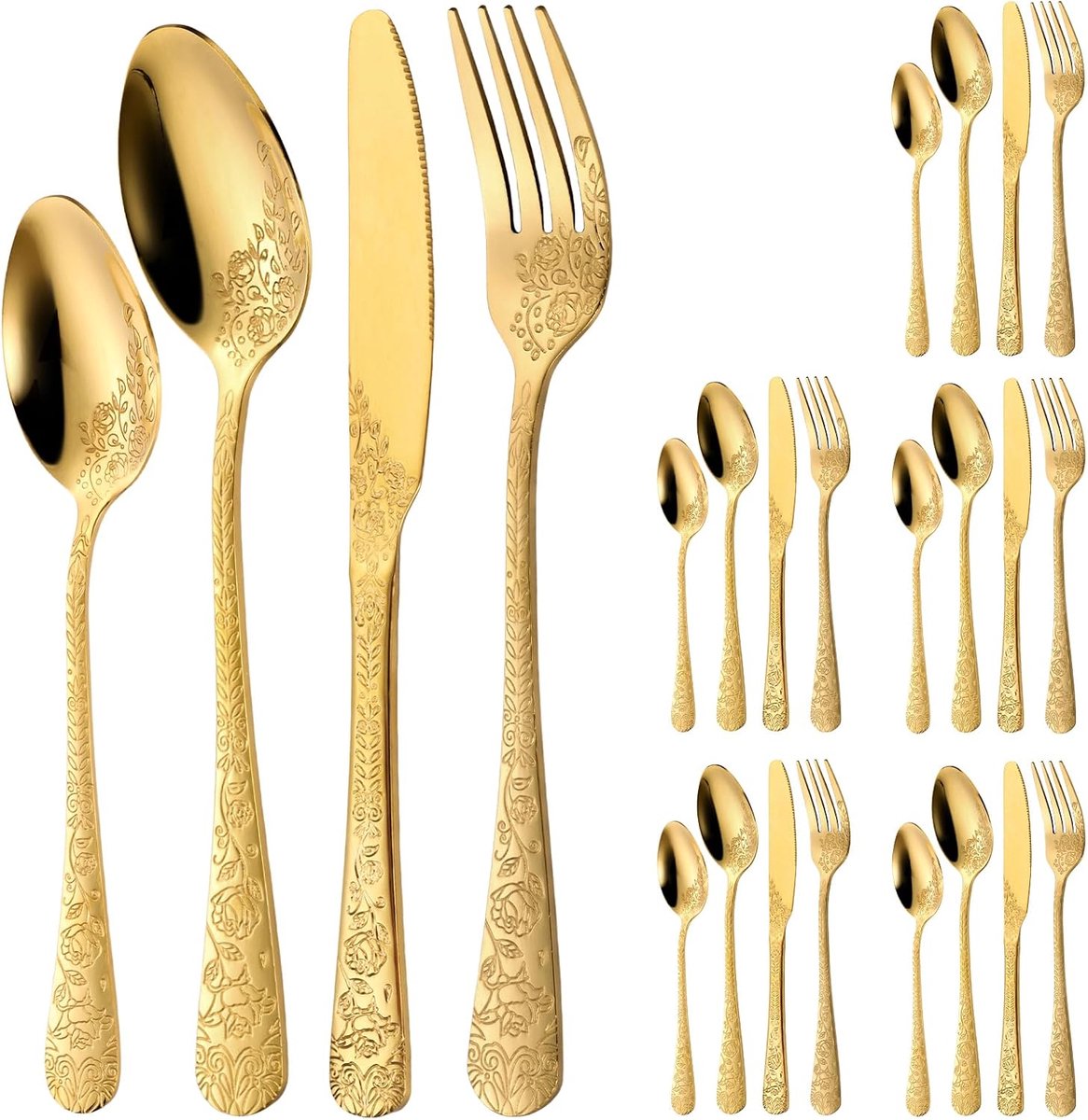24-delige bestekset voor 6 personen, roestvrij staal, met rozensnijwerk, 6 x messen, 6 x vorken, 12 x lepels, hoogglans gepolijst, vaatwasmachinebestendig, voor Valentijnsdag, bruiloft (goud)