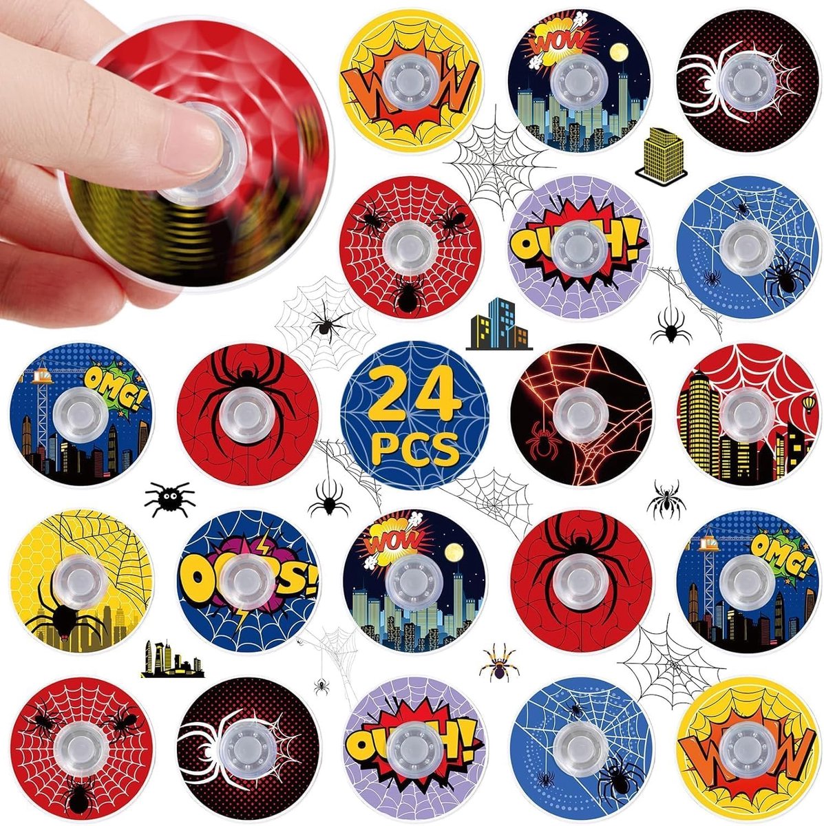 24-Pack Spinnen Fidget Spinners voor Kinderen, Mini Prijzen voor Pakjesdoorgeefspel, Grappige Valentijnscadeaus – Klassenbeloningen, Sensorisch Speelgoed (4 cm)