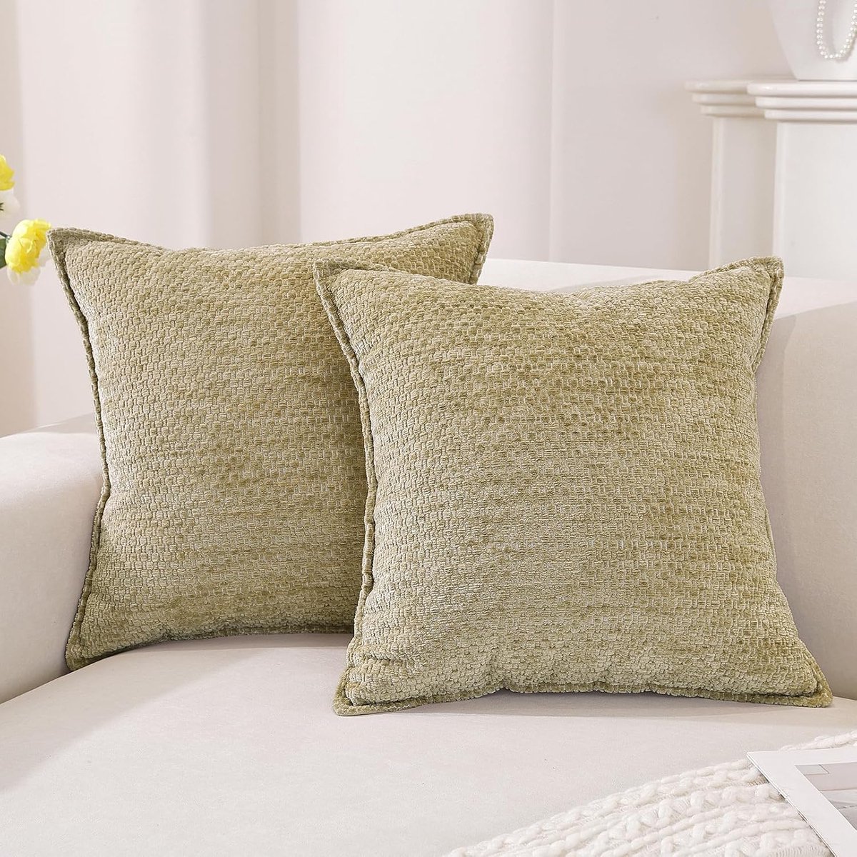Chenille Kussenhoezen 60x60 2er Set, Zachte Decoratieve Kussenhoes, Moderne Kussensloop Met Onzichtbare Rits, Duurzaam Kussenslopen Voor Woonkamer Bank, Slaapkamer, Kaki